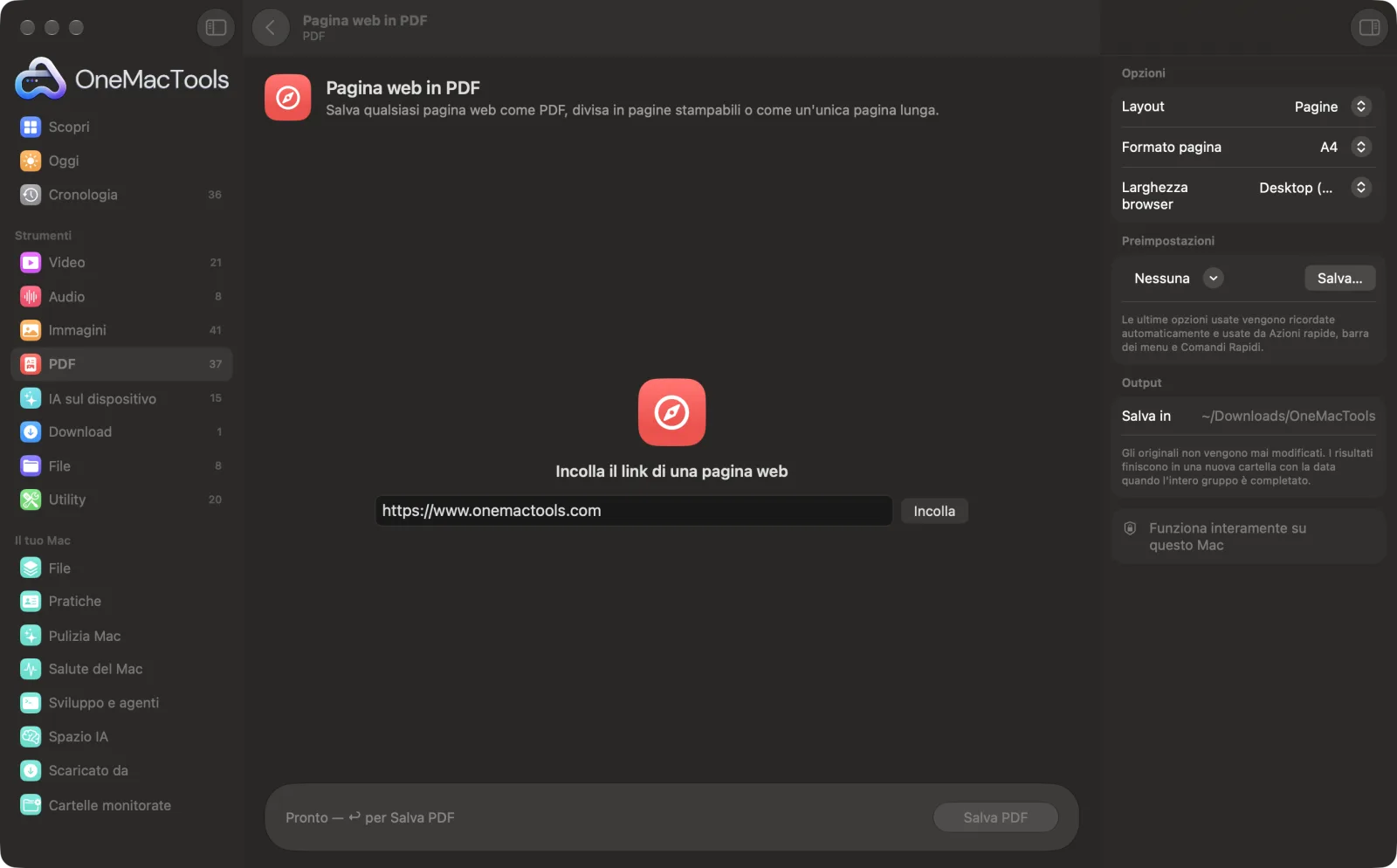 Pagina web in PDF in OneMacTools su un Mac, con file di esempio e le sue opzioni