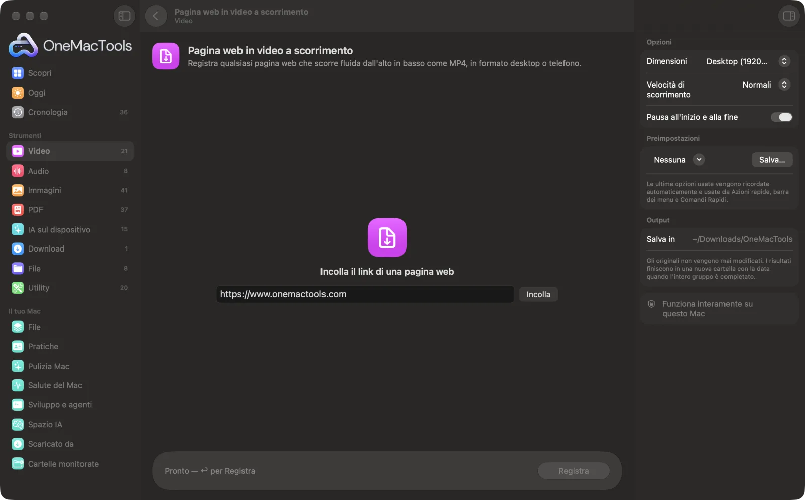Pagina web in video a scorrimento in OneMacTools su un Mac, con file di esempio e le sue opzioni