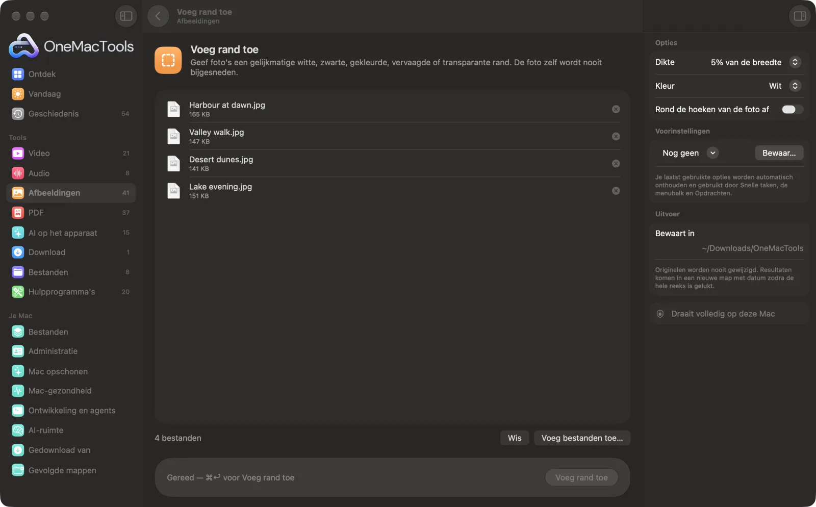 Voeg rand toe in OneMacTools op een Mac, met voorbeeldbestanden en de opties