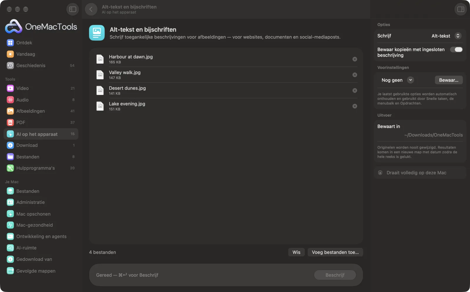 Alt-tekst en bijschriften in OneMacTools op een Mac, met voorbeeldbestanden en de opties