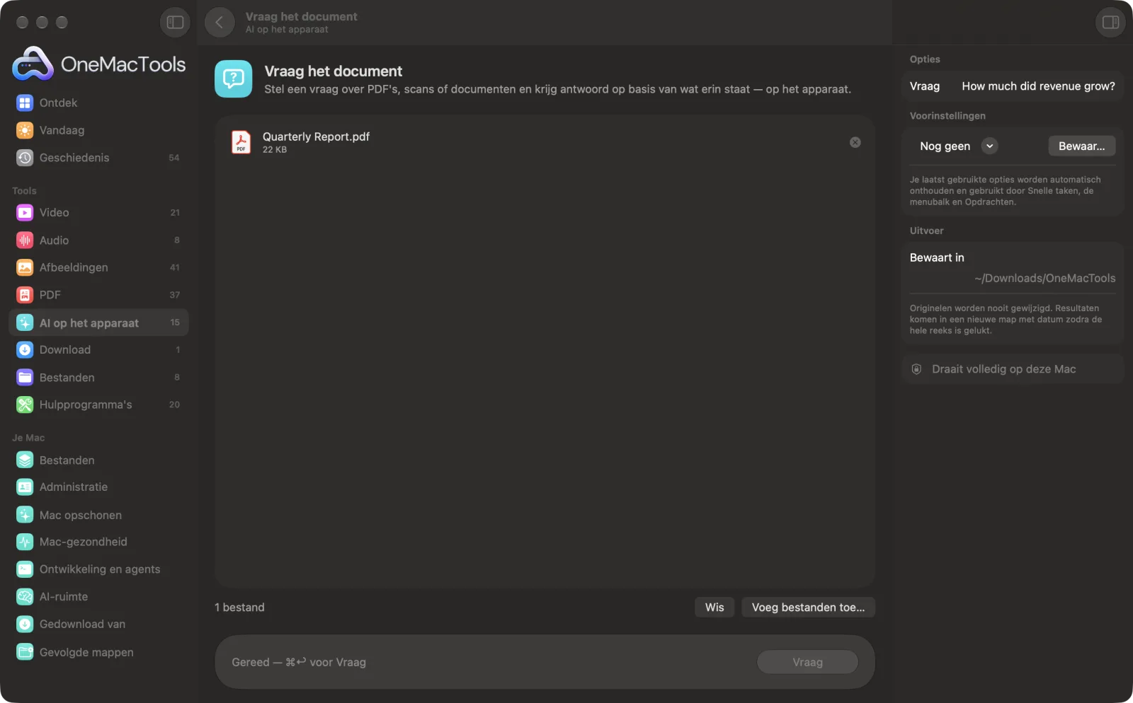 Vraag het document in OneMacTools op een Mac, met voorbeeldbestanden en de opties
