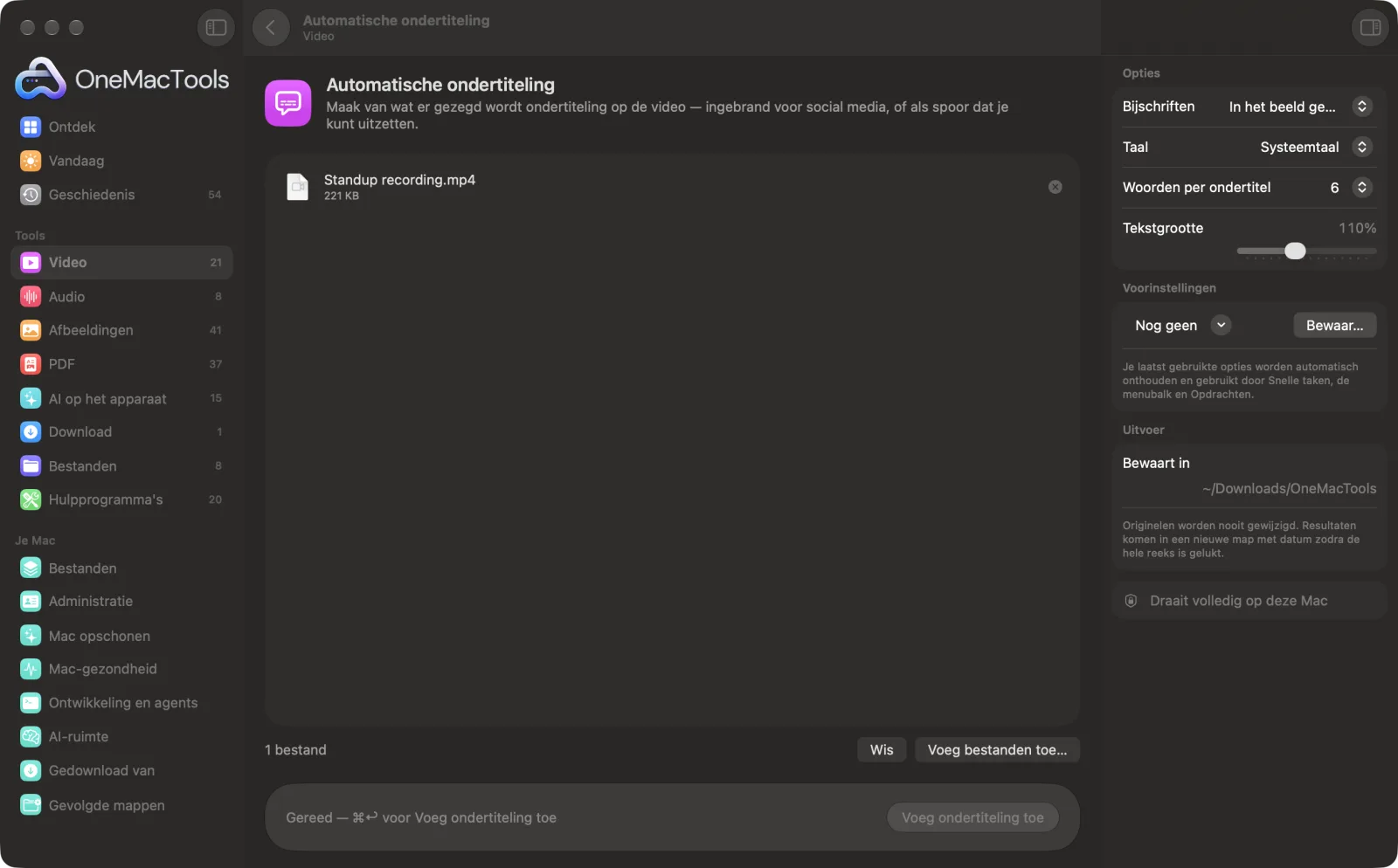 Automatische ondertiteling in OneMacTools op een Mac, met voorbeeldbestanden en de opties