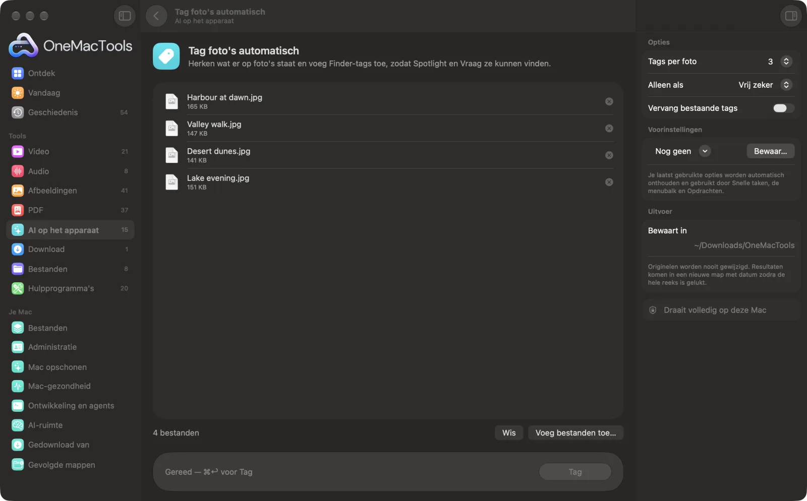 Tag foto's automatisch in OneMacTools op een Mac, met voorbeeldbestanden en de opties