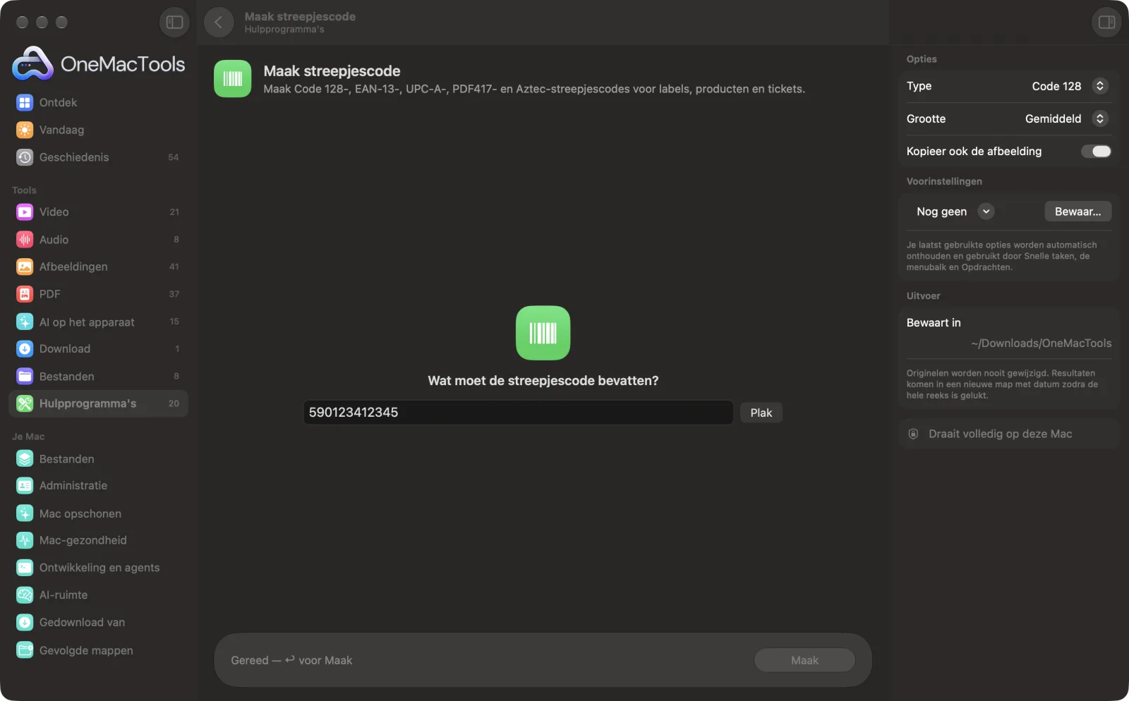 Maak streepjescode in OneMacTools met voorbeeldbestanden geladen en het optiepaneel open