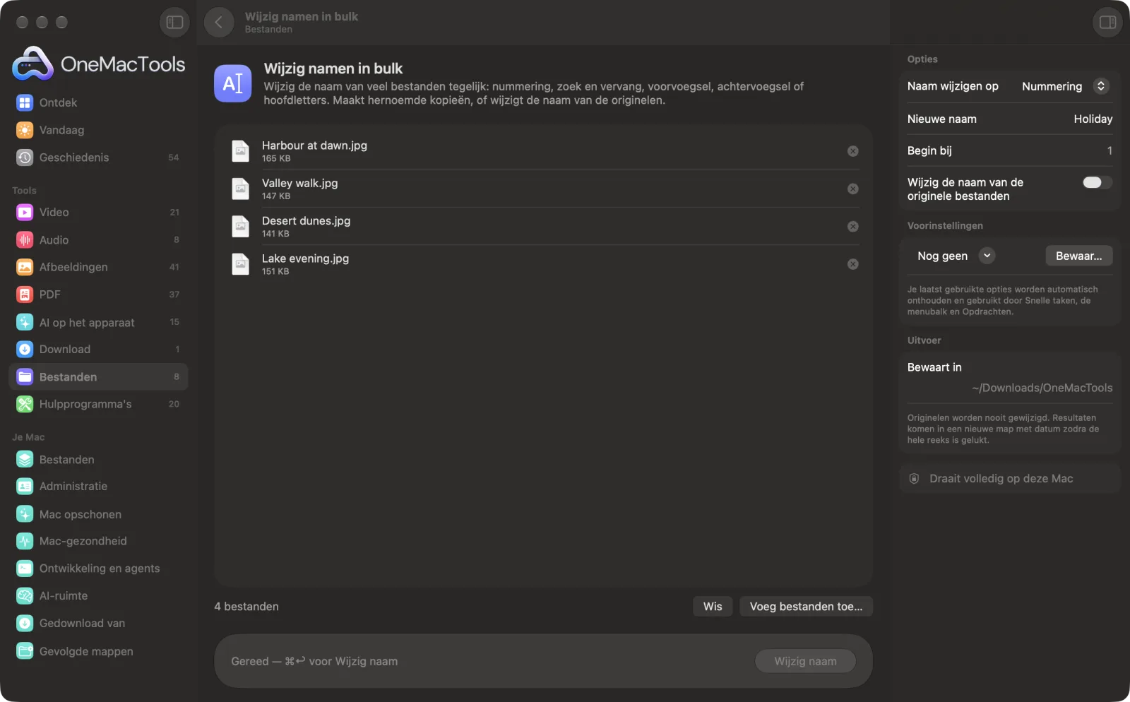 Wijzig namen in bulk in OneMacTools op een Mac, met voorbeeldbestanden en de opties