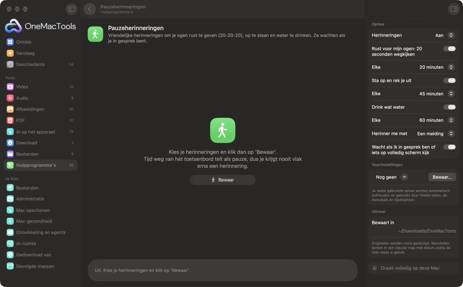 Pauzeherinneringen in OneMacTools op een Mac, met voorbeeldbestanden en de opties