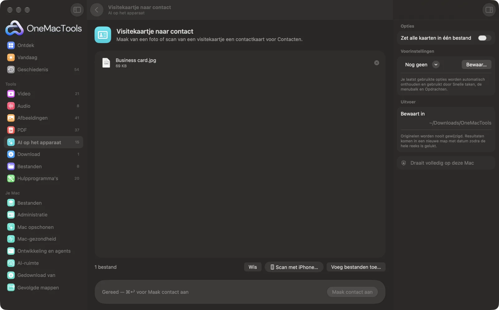 Visitekaartje naar contact in OneMacTools op een Mac, met voorbeeldbestanden en de opties