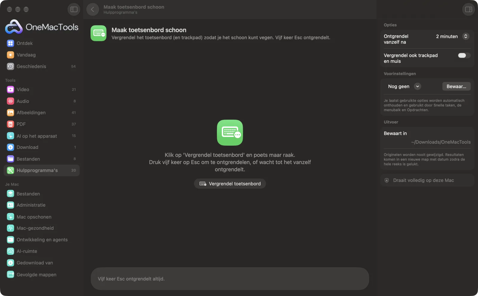 Maak toetsenbord schoon in OneMacTools op een Mac, met voorbeeldbestanden en de opties