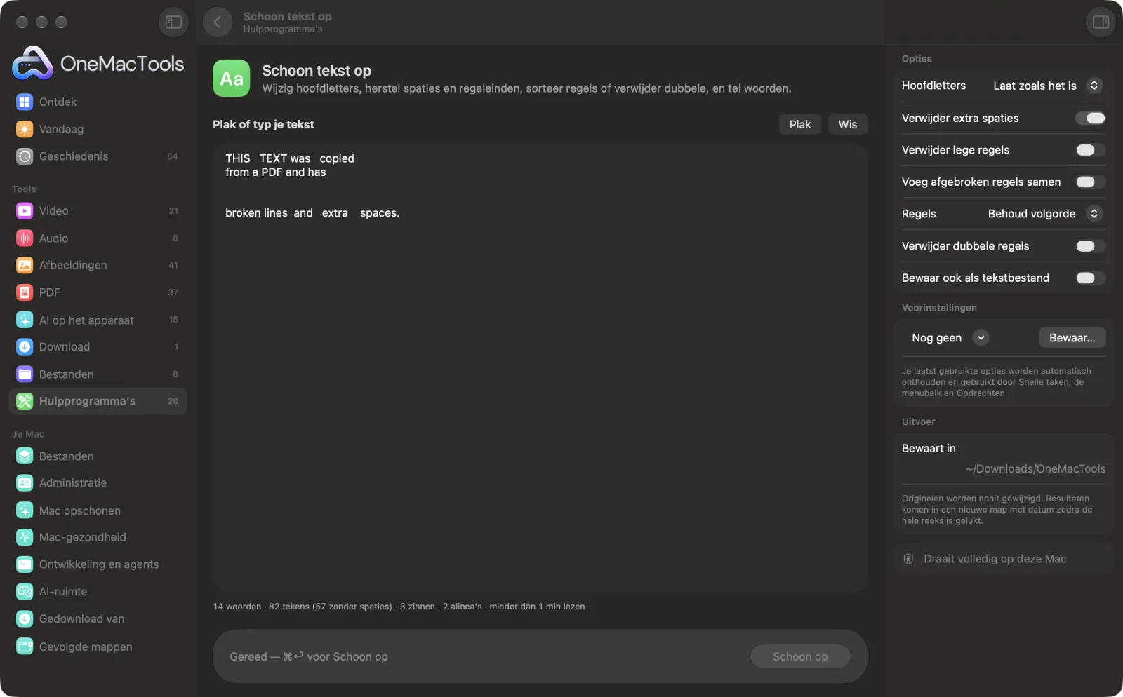 Schoon tekst op in OneMacTools met voorbeeldbestanden geladen en het optiepaneel open