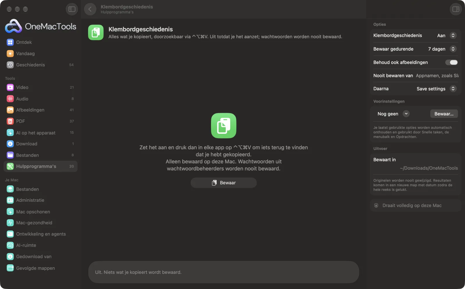 Klembordgeschiedenis in OneMacTools op een Mac, met voorbeeldbestanden en de opties