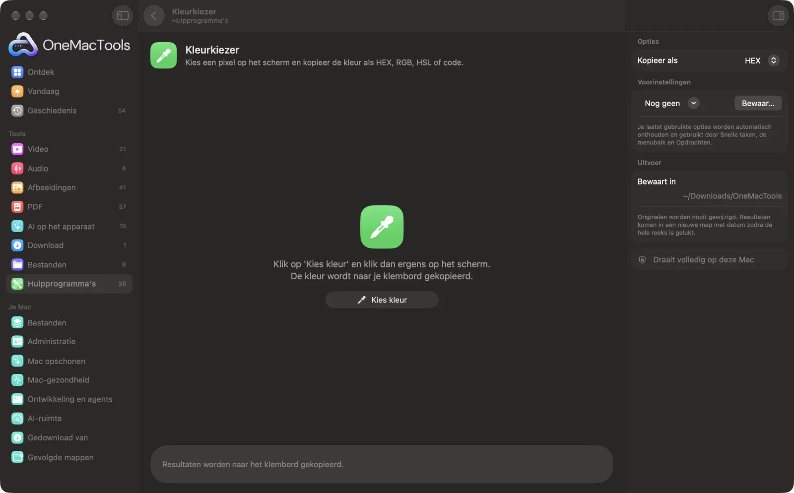 Kleurkiezer in OneMacTools op een Mac, met voorbeeldbestanden en de opties