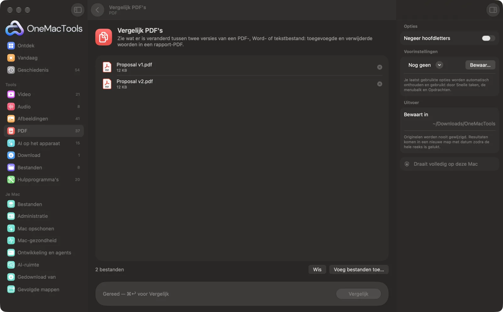 Vergelijk PDF's in OneMacTools op een Mac, met voorbeeldbestanden en de opties