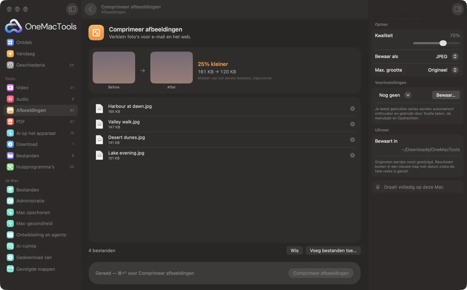 Comprimeer afbeeldingen in OneMacTools op een Mac, met voorbeeldbestanden en de opties
