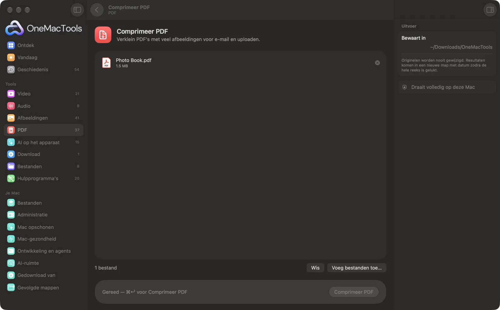 Comprimeer PDF in OneMacTools op een Mac, met voorbeeldbestanden en de opties