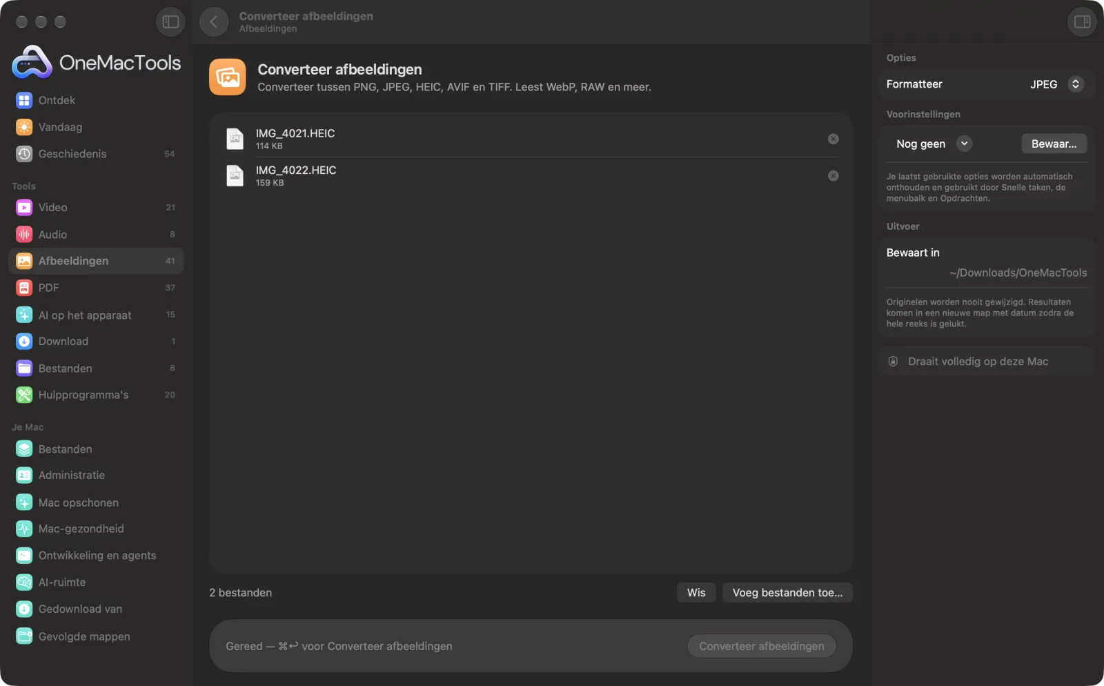 Converteer afbeeldingen in OneMacTools met voorbeeldbestanden geladen en het optiepaneel open