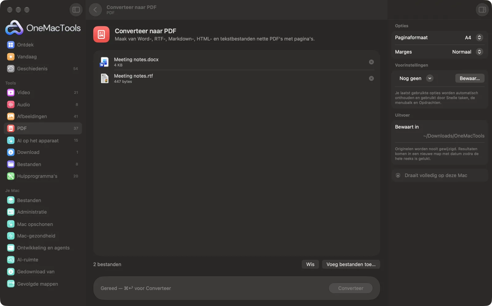 Converteer naar PDF in OneMacTools op een Mac, met voorbeeldbestanden en de opties