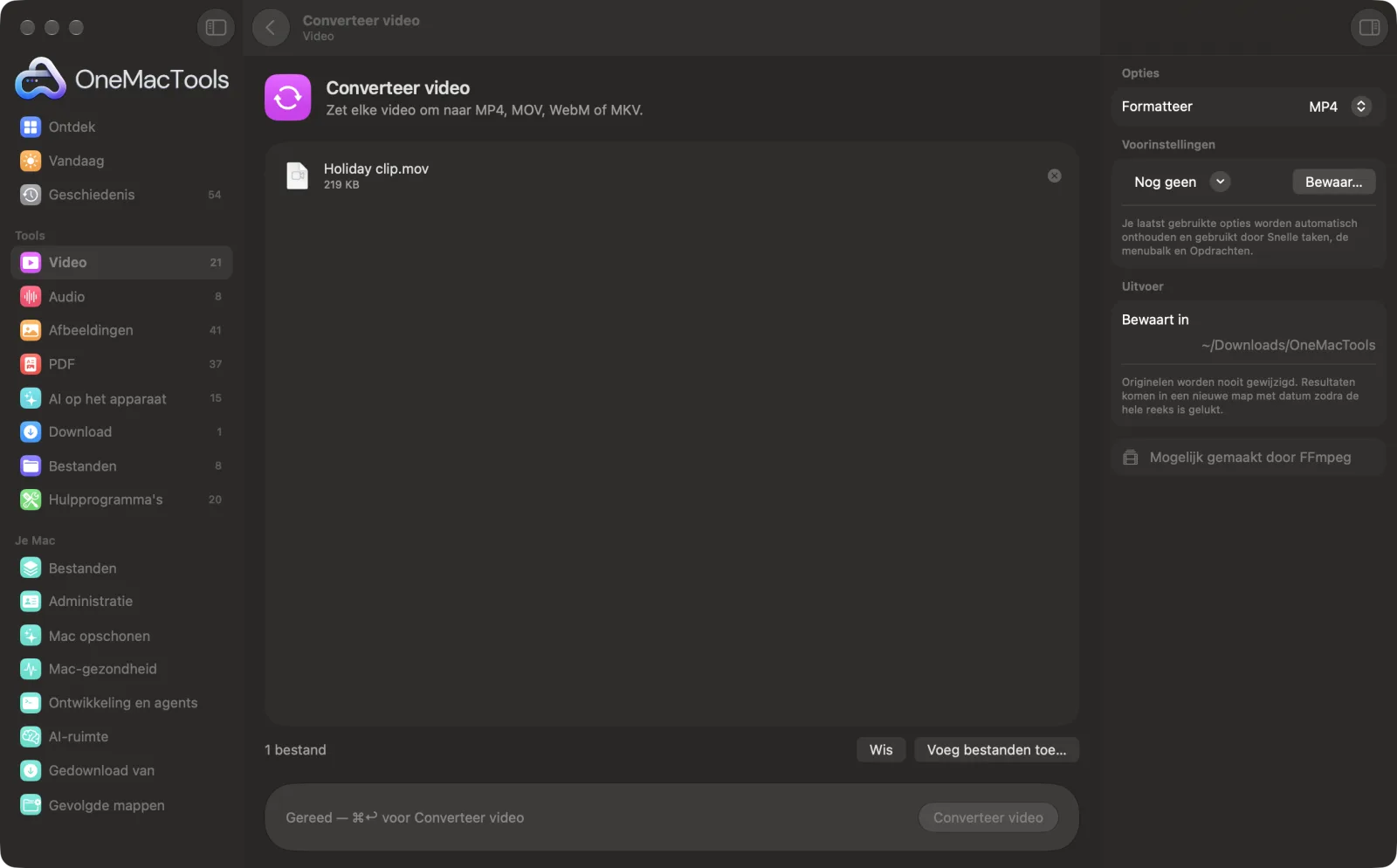 Converteer video in OneMacTools op een Mac, met voorbeeldbestanden en de opties