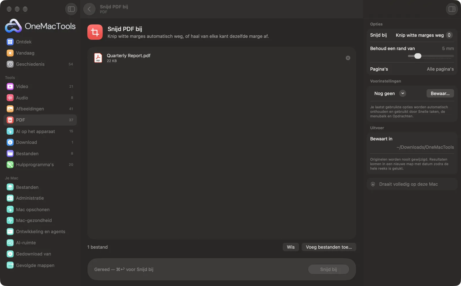 Snijd PDF bij in OneMacTools op een Mac, met voorbeeldbestanden en de opties