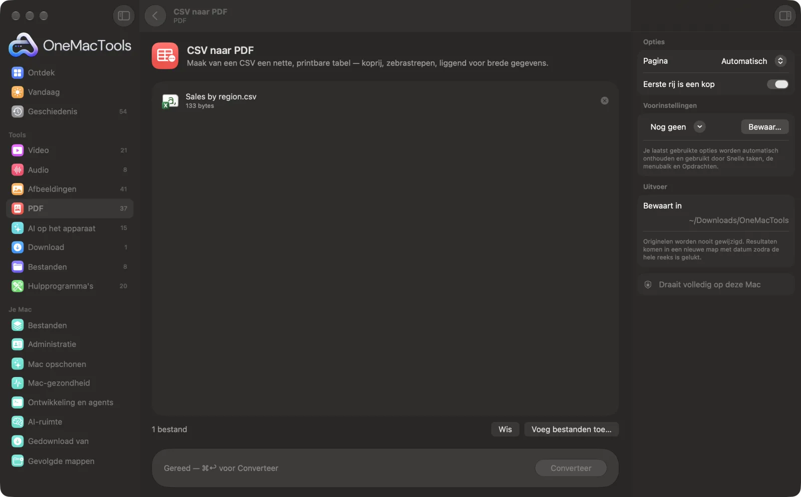 CSV naar PDF in OneMacTools op een Mac, met voorbeeldbestanden en de opties