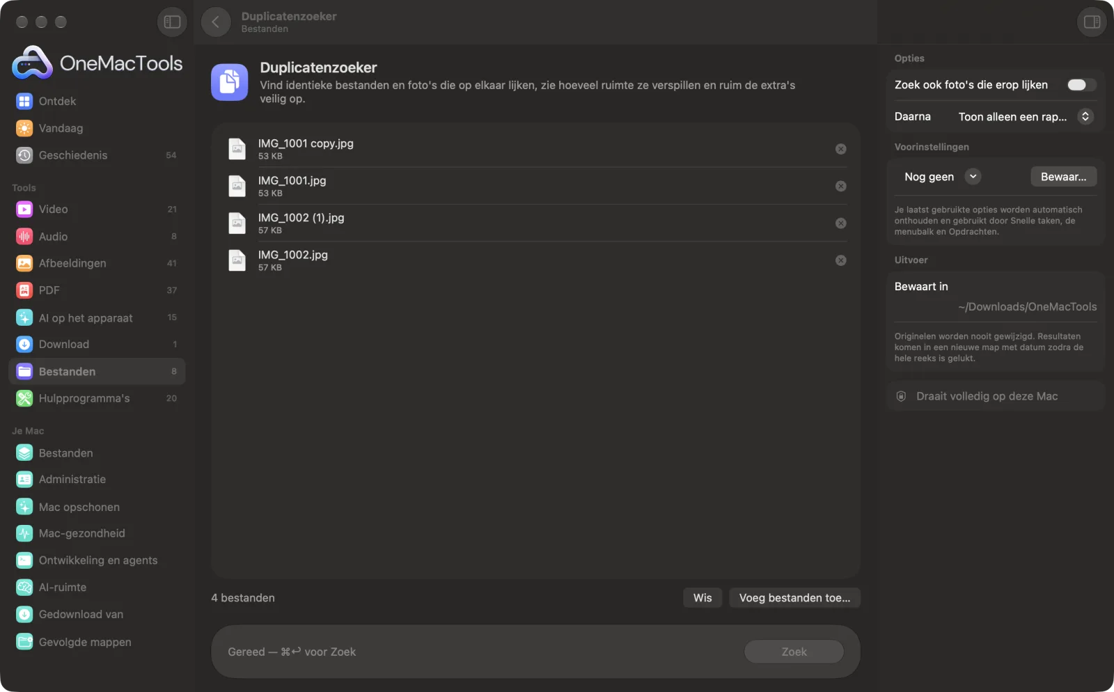 Duplicatenzoeker in OneMacTools op een Mac, met voorbeeldbestanden en de opties