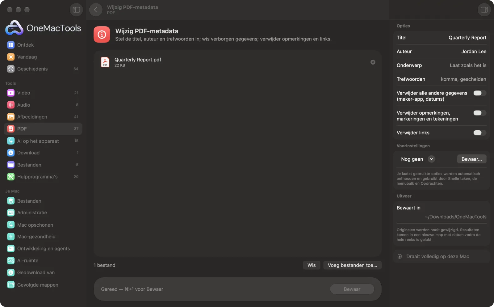 Wijzig PDF-metadata in OneMacTools op een Mac, met voorbeeldbestanden en de opties