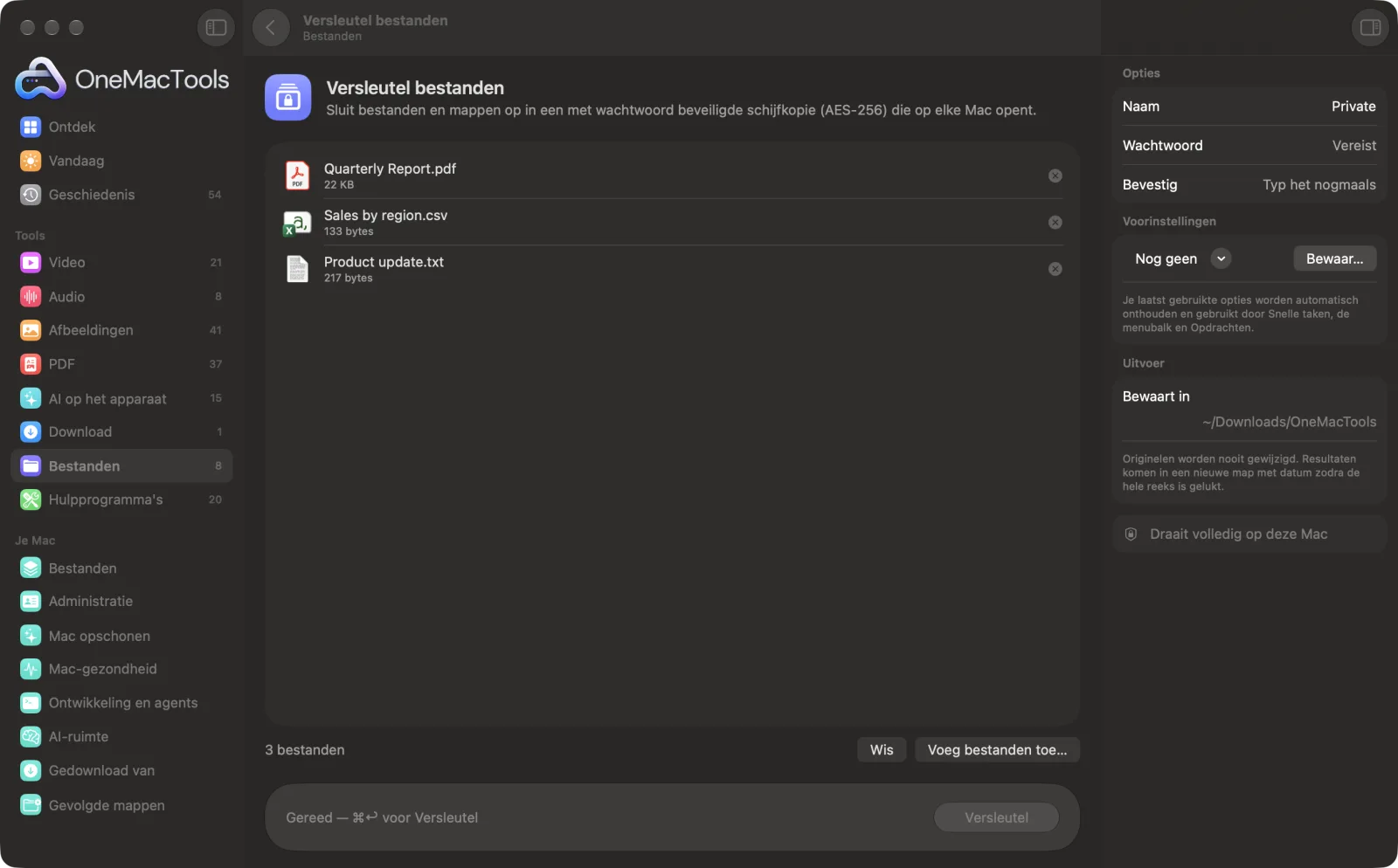 Versleutel bestanden in OneMacTools op een Mac, met voorbeeldbestanden en de opties