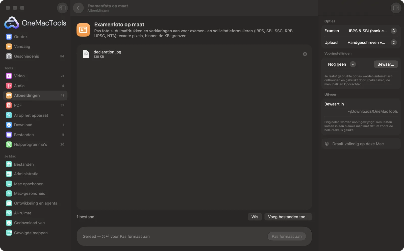 Examenfoto op maat in OneMacTools op een Mac, met voorbeeldbestanden en de opties