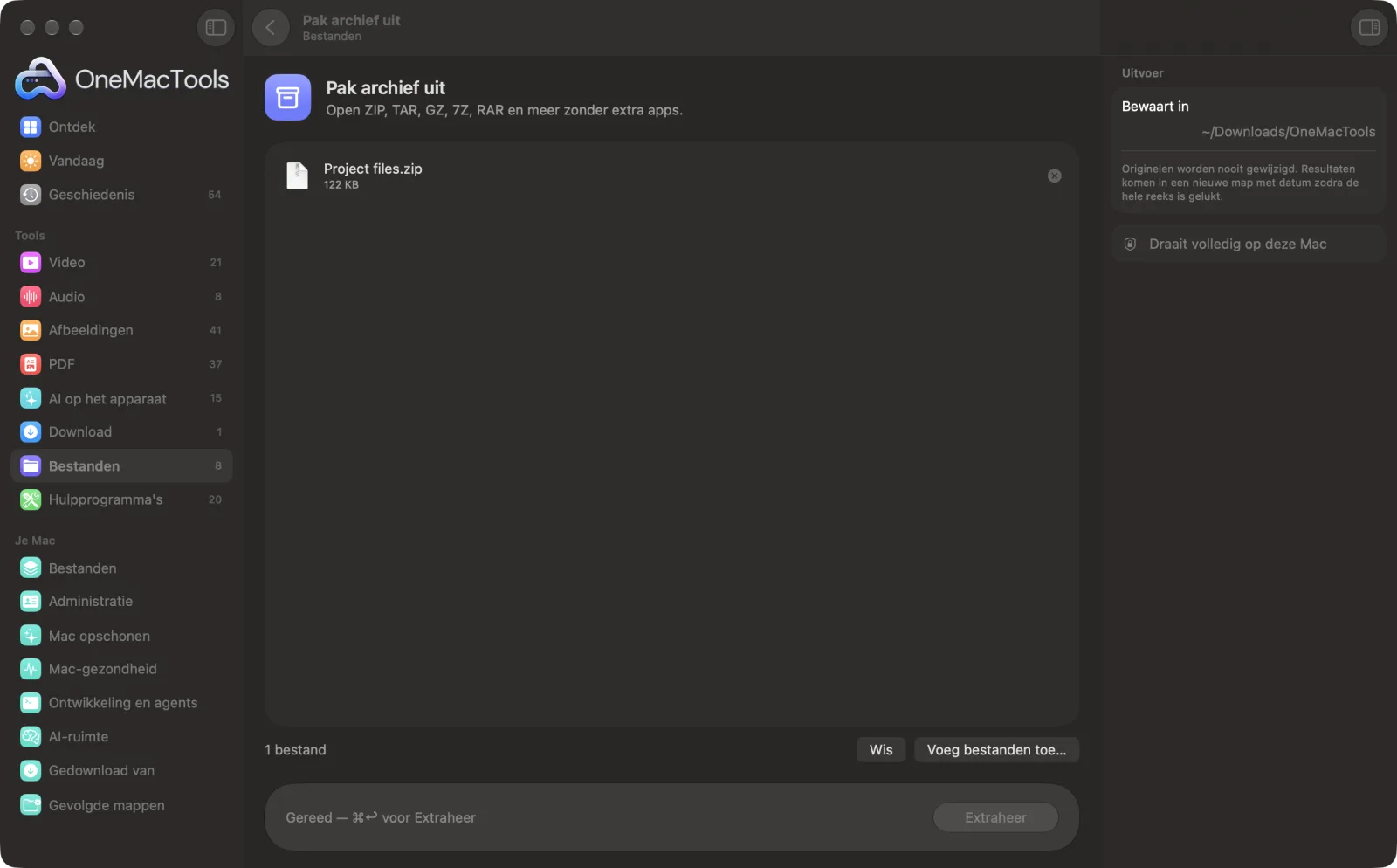 Pak archief uit in OneMacTools op een Mac, met voorbeeldbestanden en de opties