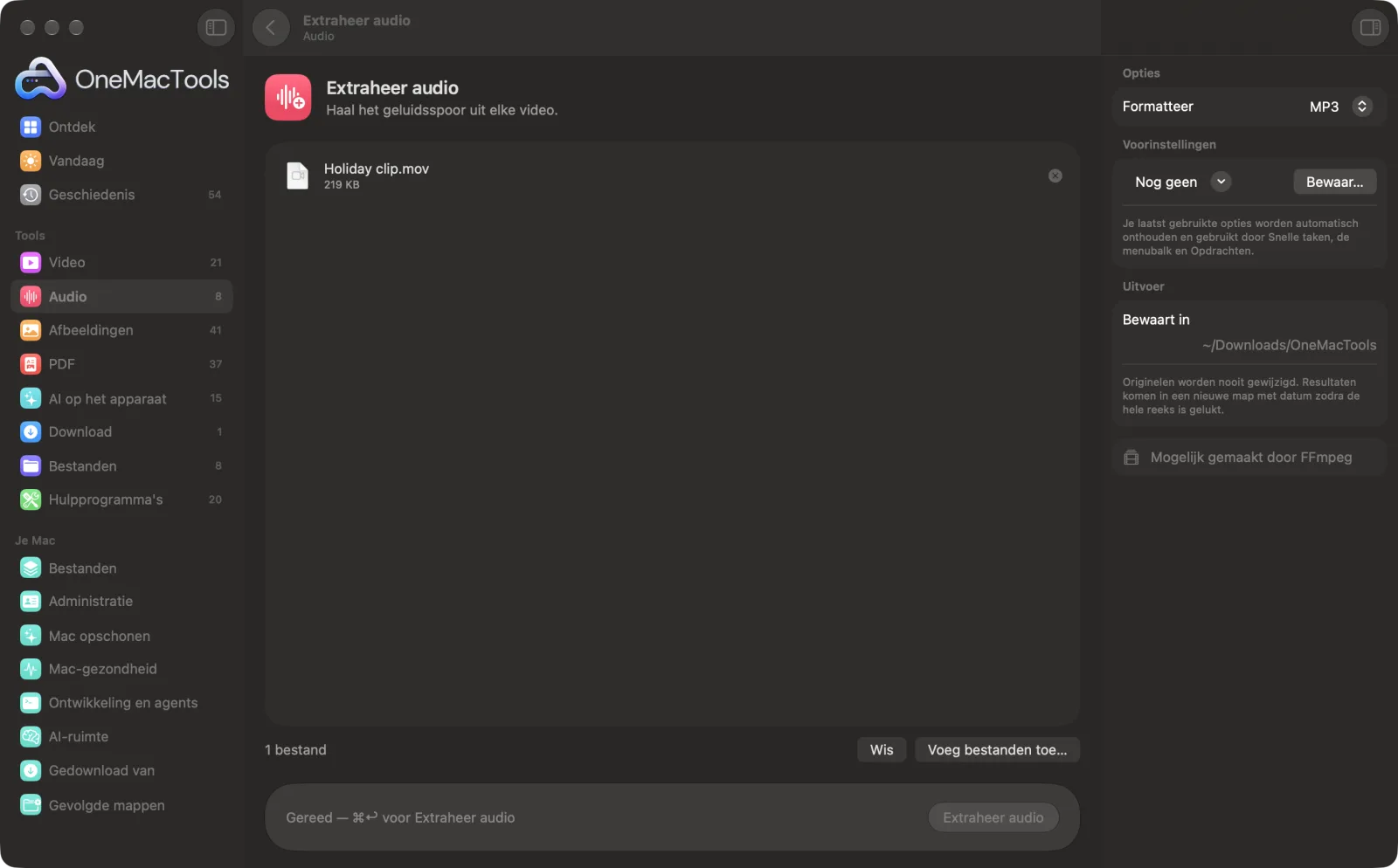 Extraheer audio in OneMacTools op een Mac, met voorbeeldbestanden en de opties