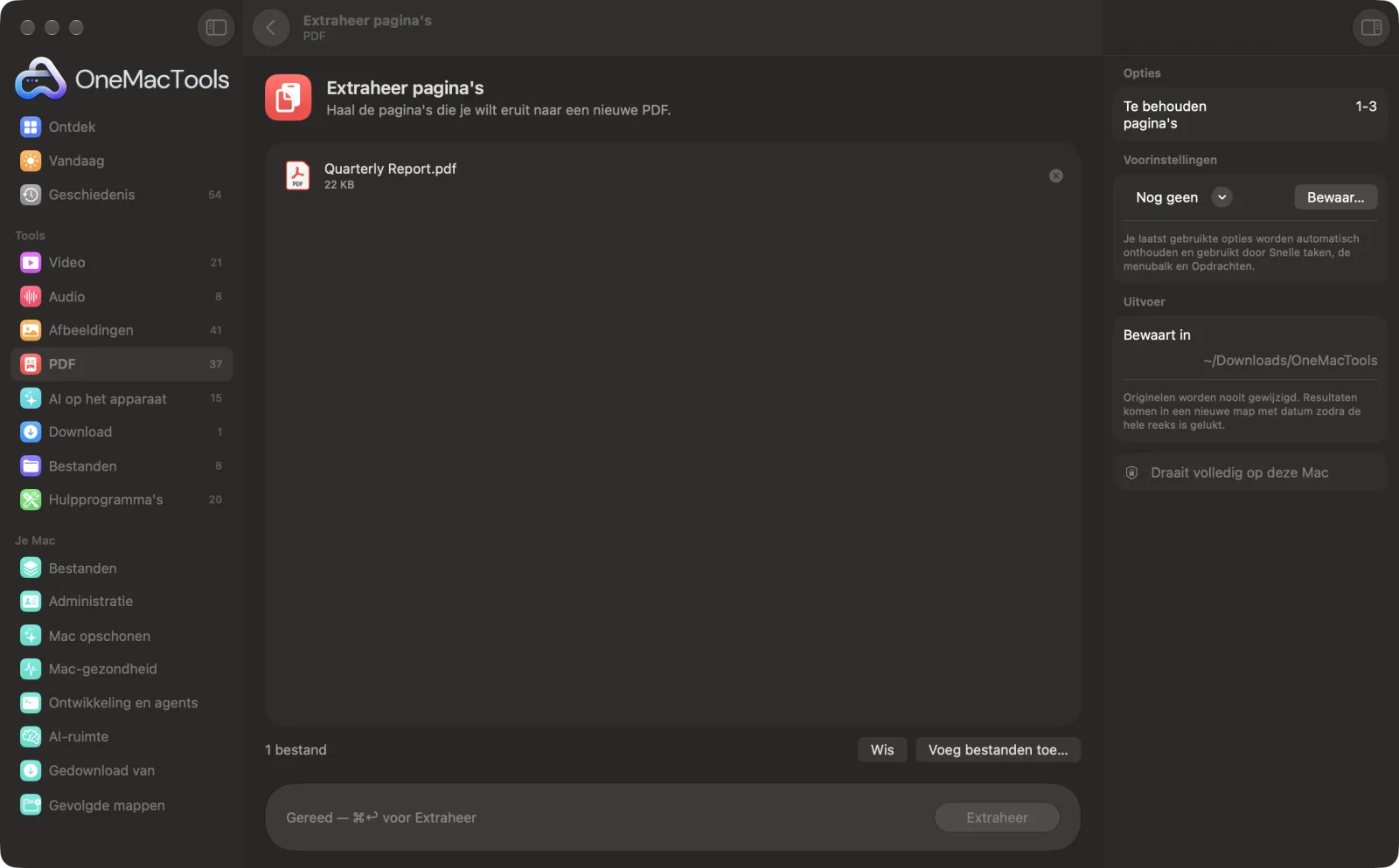 Extraheer pagina's in OneMacTools op een Mac, met voorbeeldbestanden en de opties