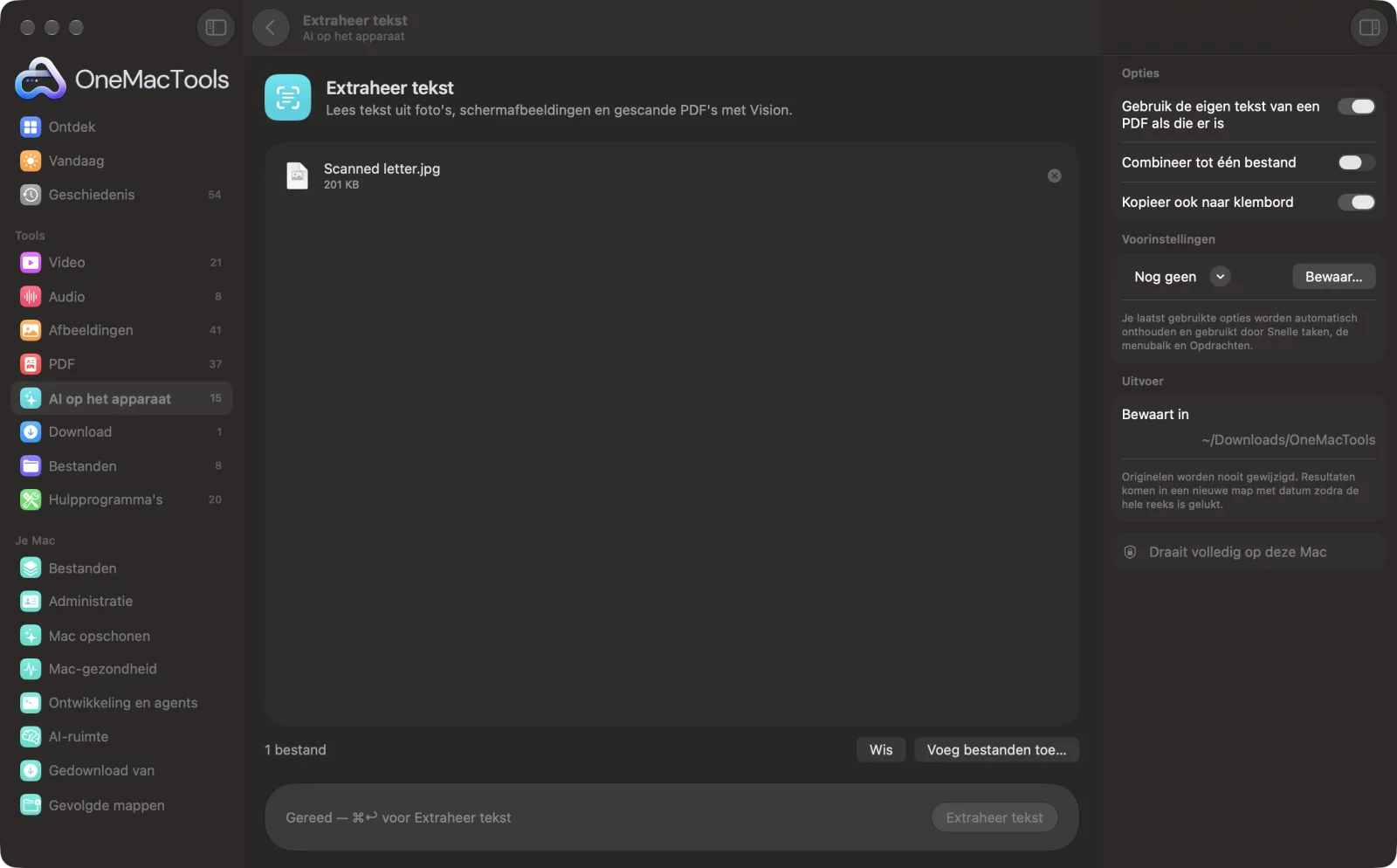 Extraheer tekst in OneMacTools op een Mac, met voorbeeldbestanden en de opties