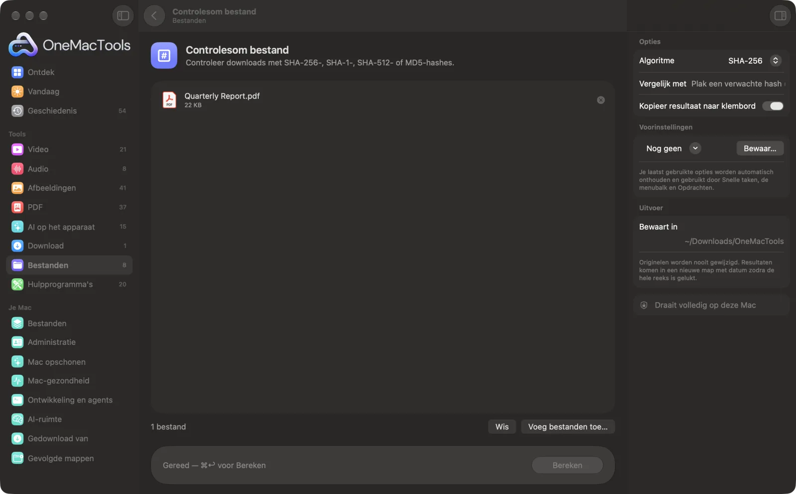Controlesom bestand in OneMacTools op een Mac, met voorbeeldbestanden en de opties