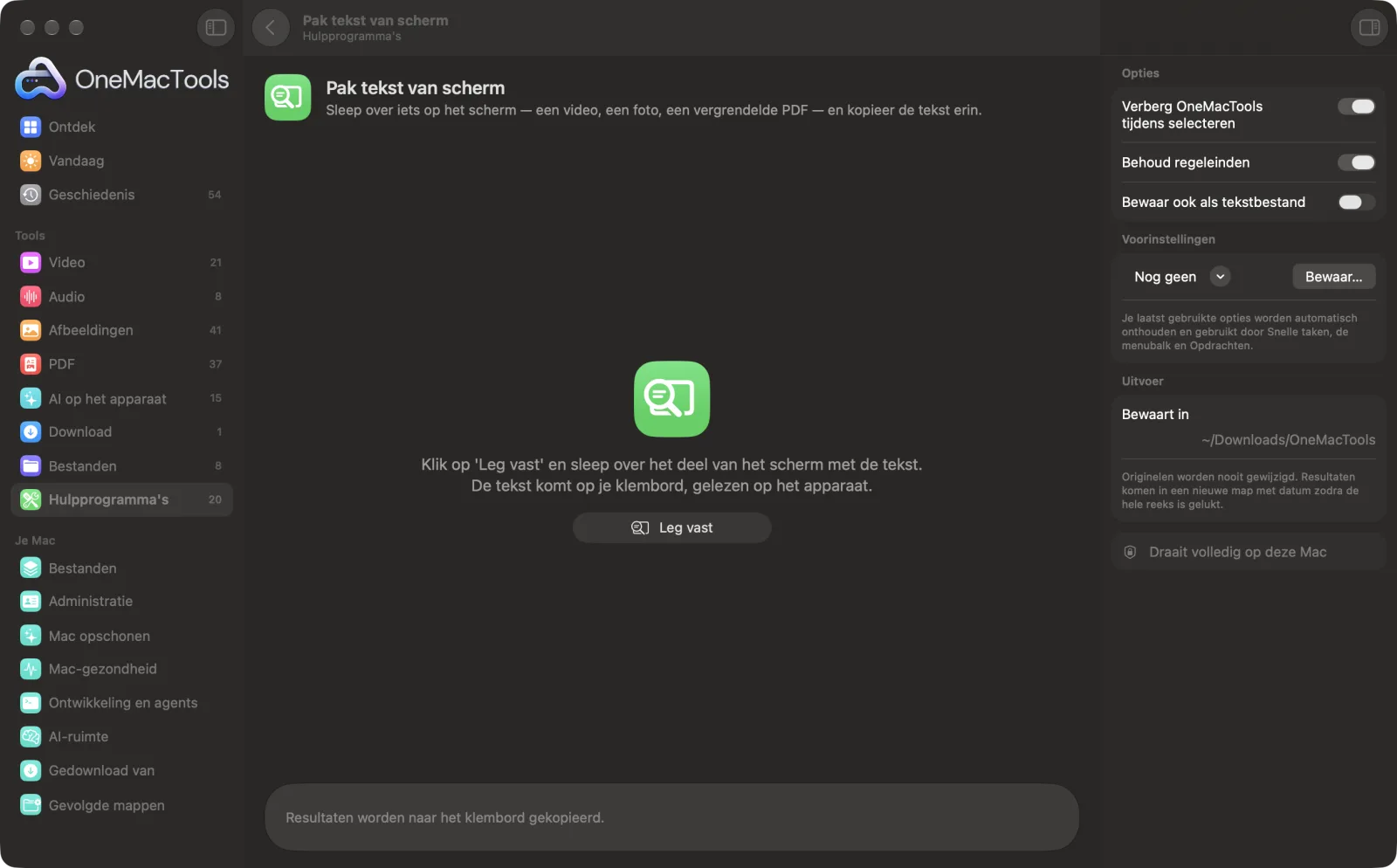 Pak tekst van scherm in OneMacTools op een Mac, met voorbeeldbestanden en de opties