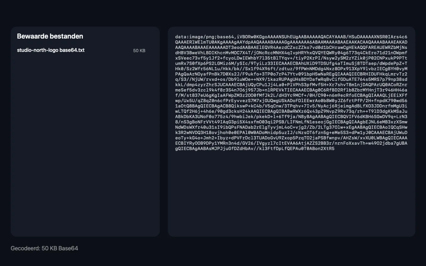 Het resultaat van Afbeelding naar Base64 op de voorbeeldbestanden