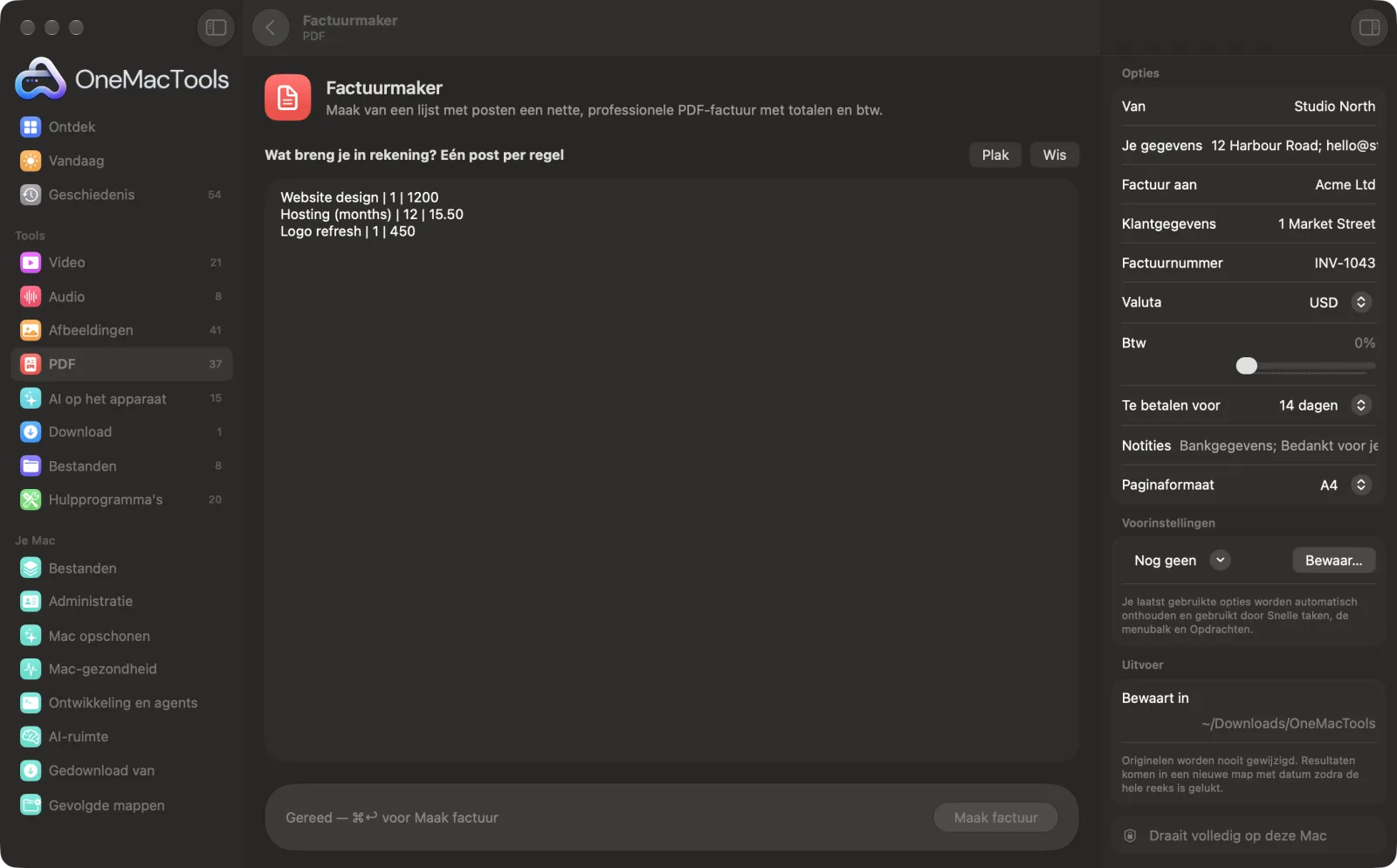 Factuurmaker in OneMacTools met voorbeeldbestanden geladen en het optiepaneel open