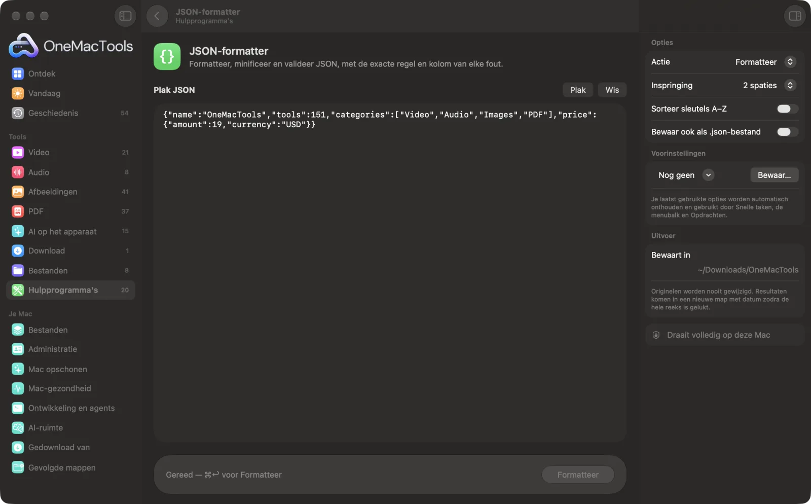JSON-formatter in OneMacTools met voorbeeldbestanden geladen en het optiepaneel open