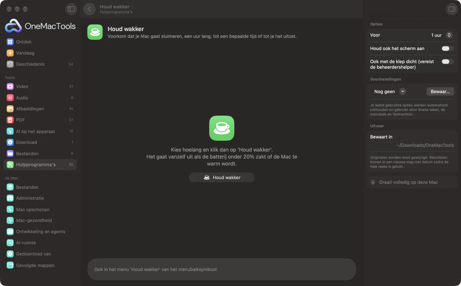 Houd wakker in OneMacTools op een Mac, met voorbeeldbestanden en de opties