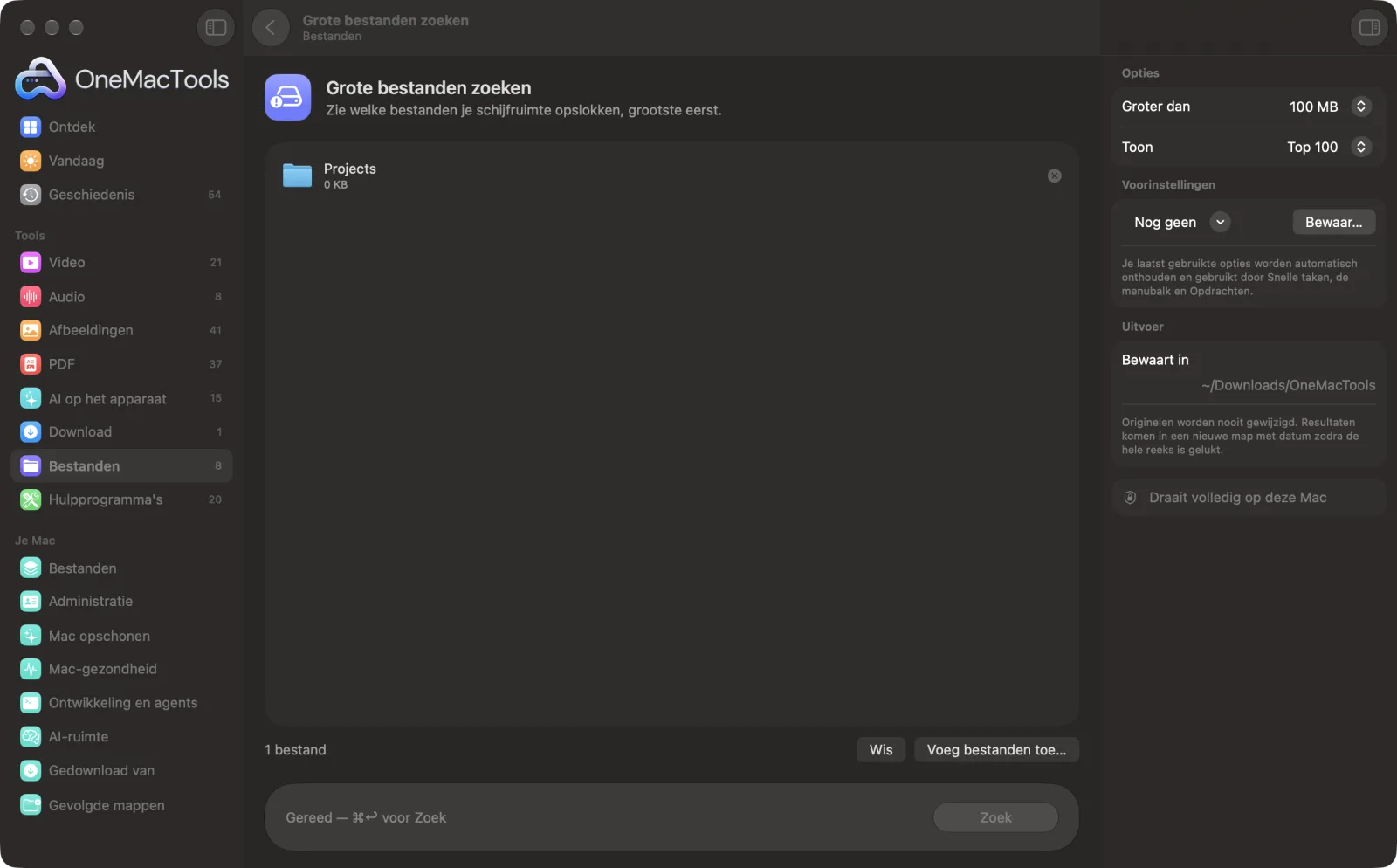 Grote bestanden zoeken in OneMacTools op een Mac, met voorbeeldbestanden en de opties