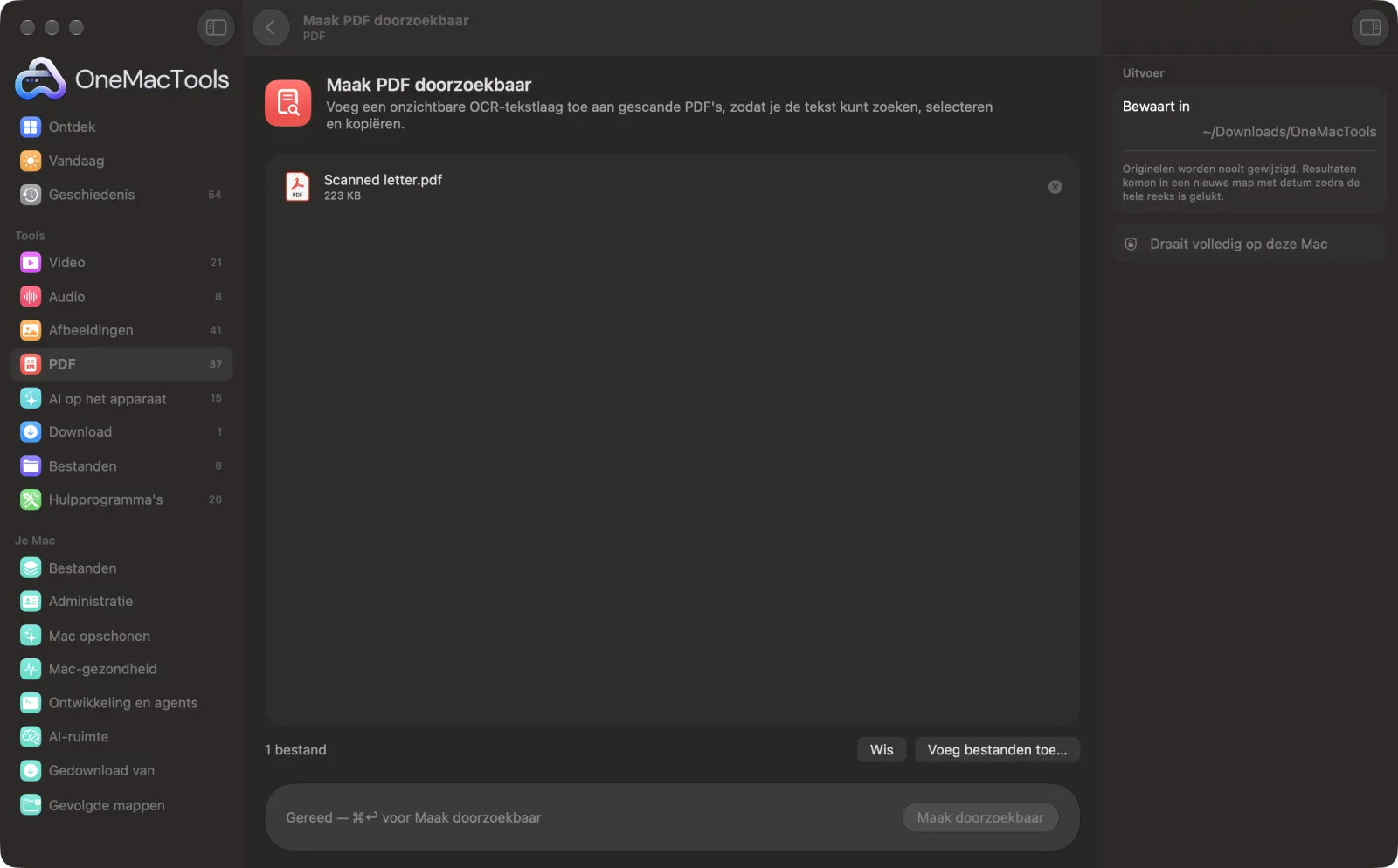 Maak PDF doorzoekbaar in OneMacTools op een Mac, met voorbeeldbestanden en de opties