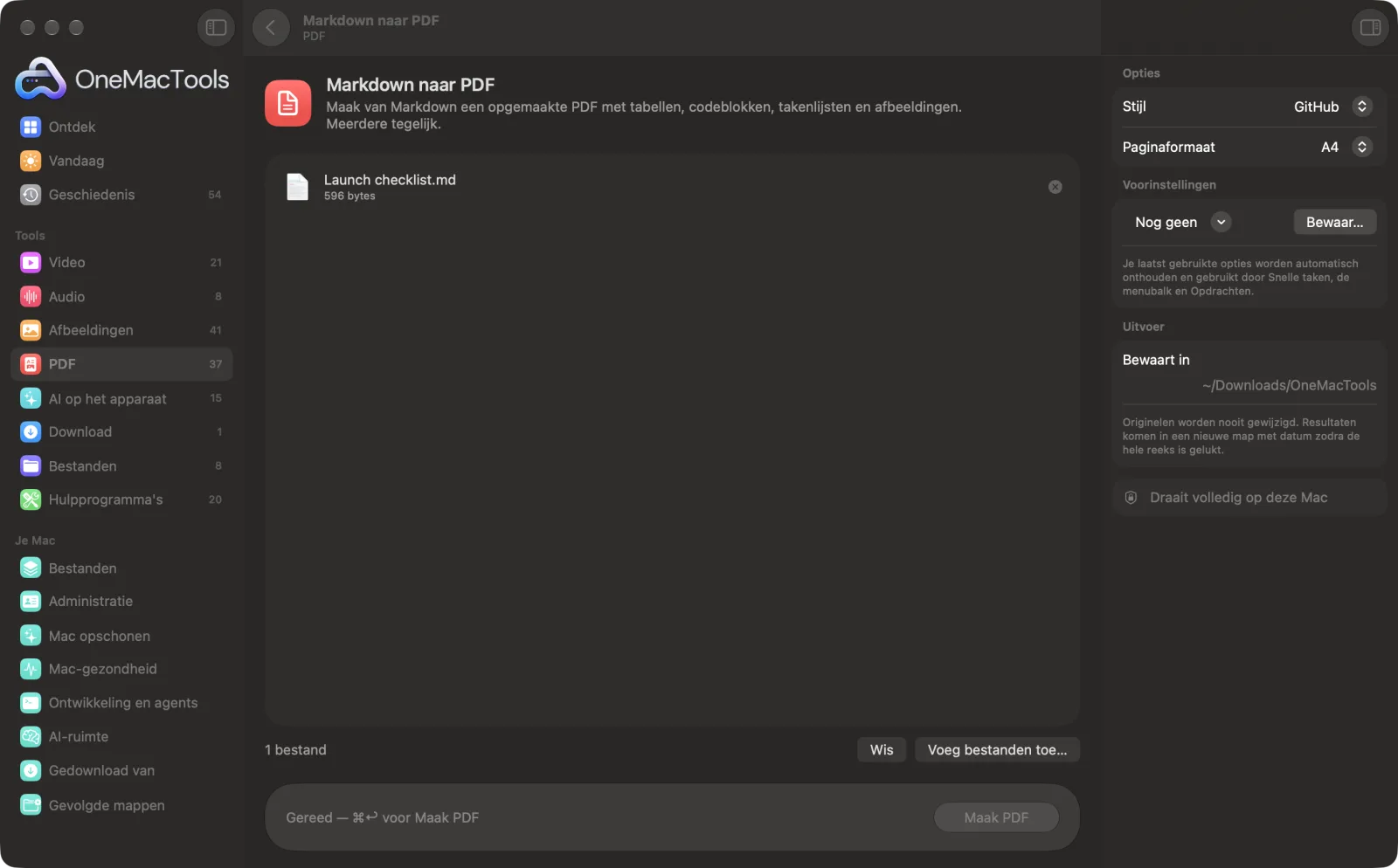 Markdown naar PDF in OneMacTools op een Mac, met voorbeeldbestanden en de opties
