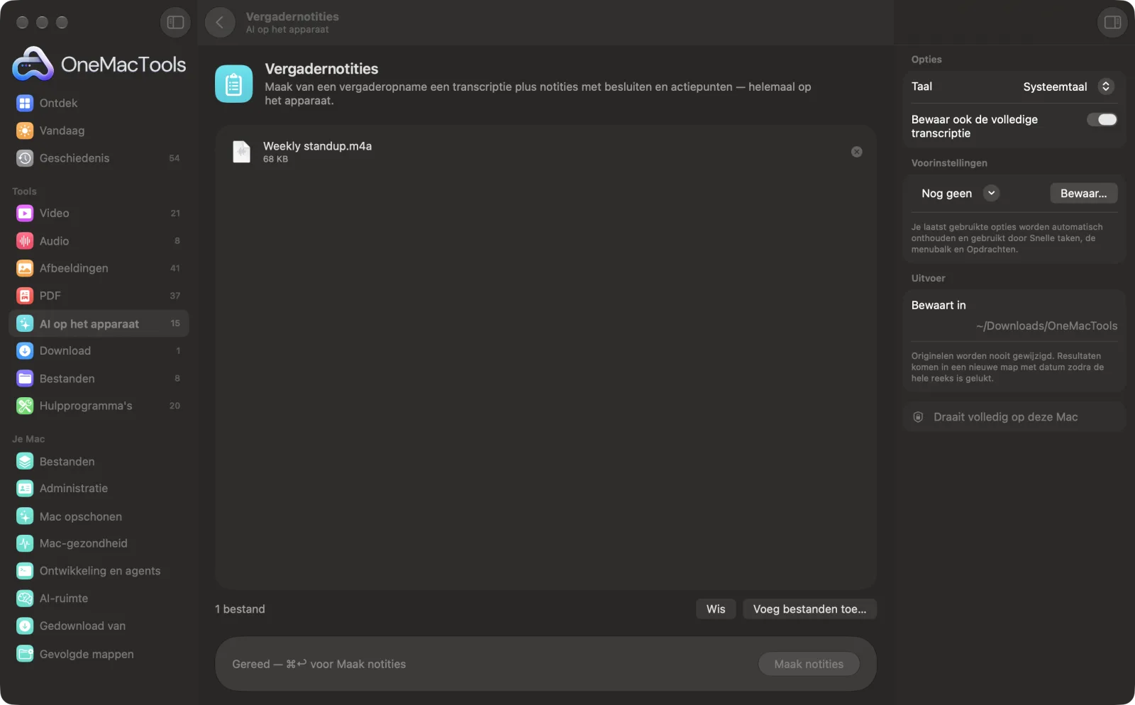 Vergadernotities in OneMacTools met voorbeeldbestanden geladen en het optiepaneel open