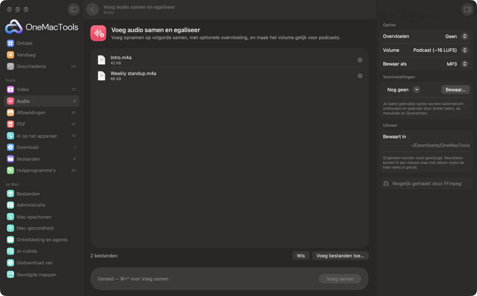Voeg audio samen en egaliseer in OneMacTools op een Mac, met voorbeeldbestanden en de opties