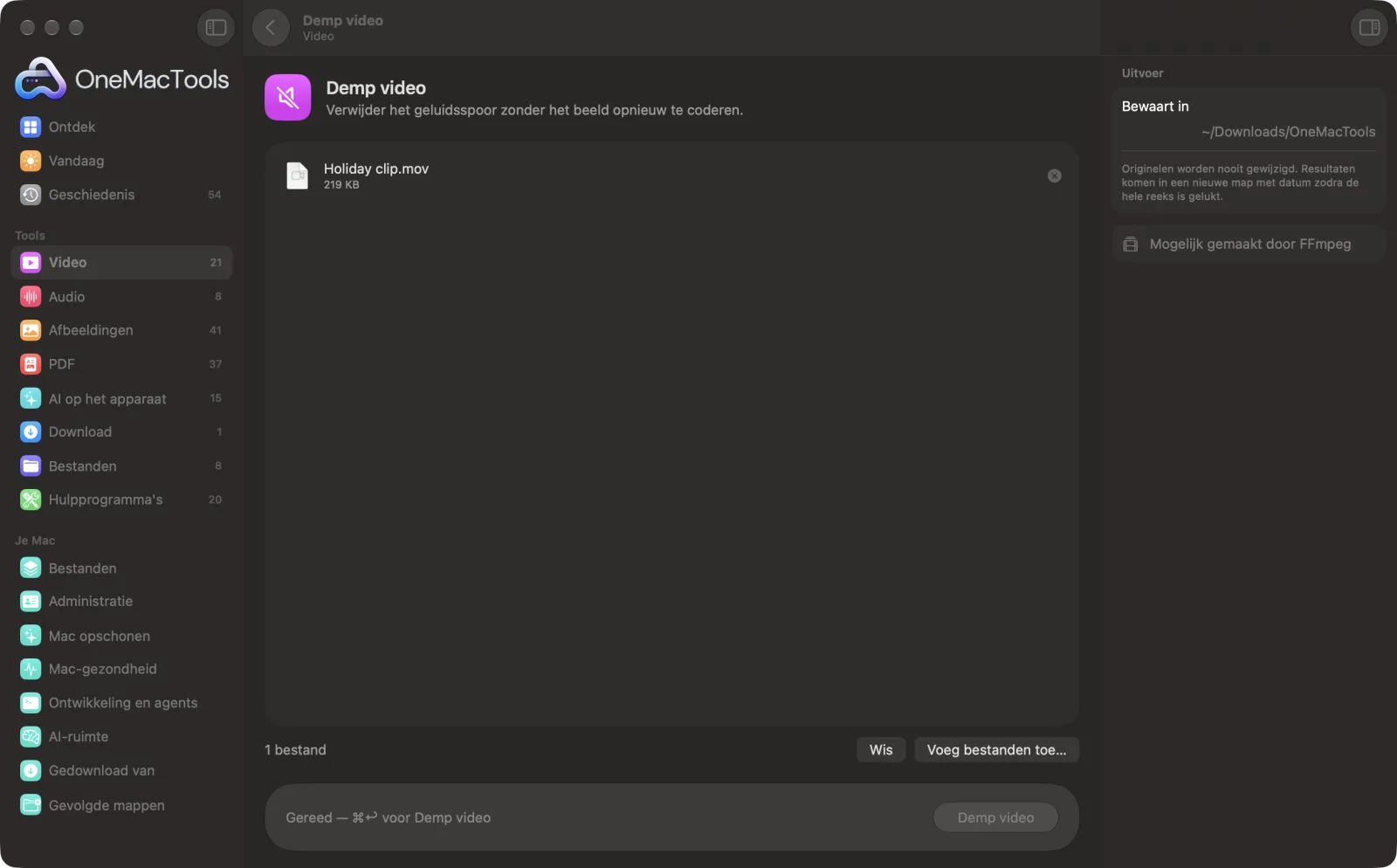 Demp video in OneMacTools op een Mac, met voorbeeldbestanden en de opties