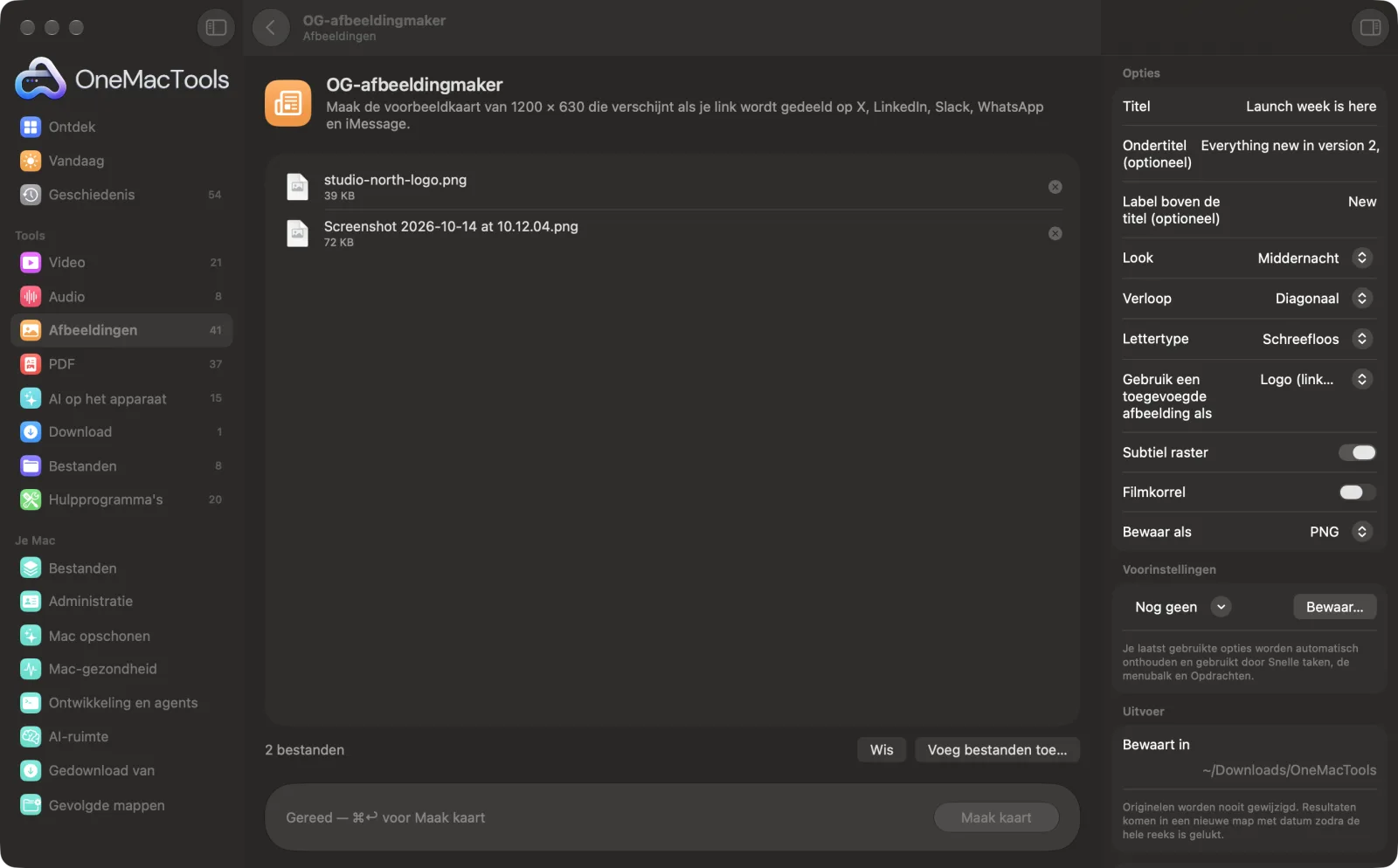 OG-afbeeldingmaker in OneMacTools op een Mac, met voorbeeldbestanden en de opties
