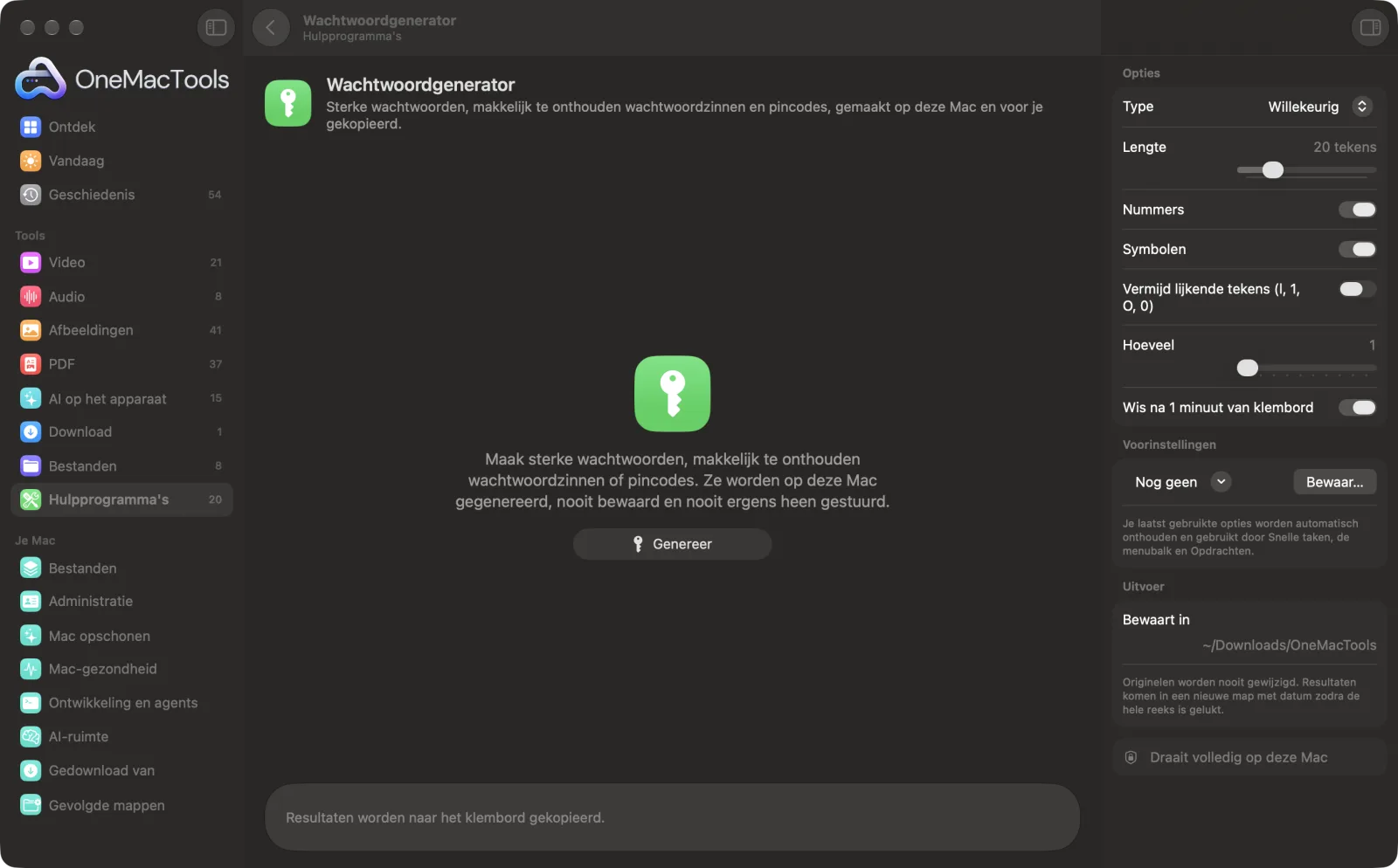 Wachtwoordgenerator in OneMacTools op een Mac, met voorbeeldbestanden en de opties