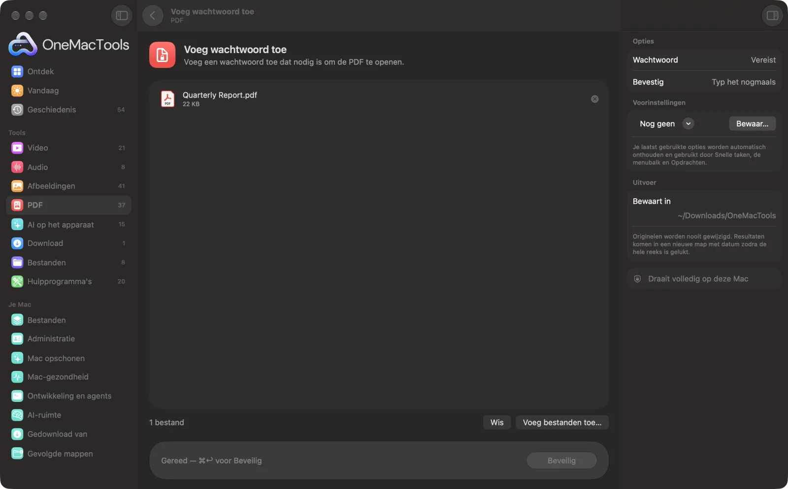 Voeg wachtwoord toe in OneMacTools op een Mac, met voorbeeldbestanden en de opties