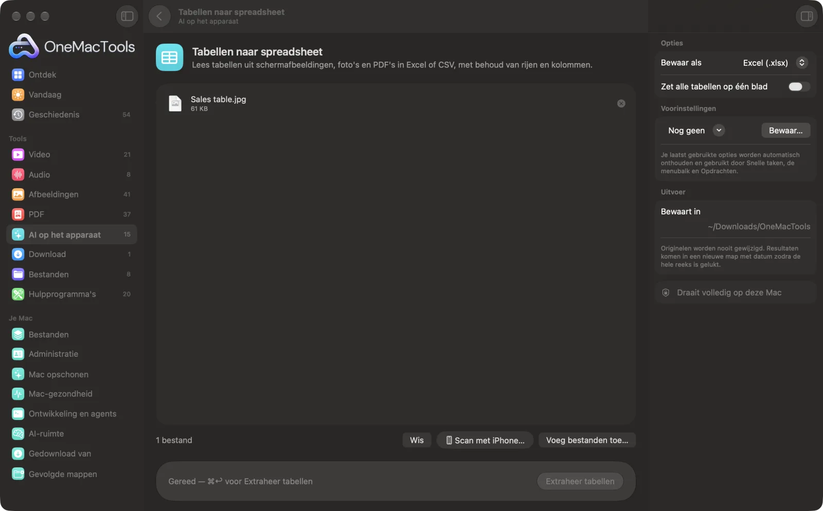 PDF naar Excel (Tabellen naar spreadsheet) in OneMacTools op een Mac, met voorbeeldbestanden en de opties