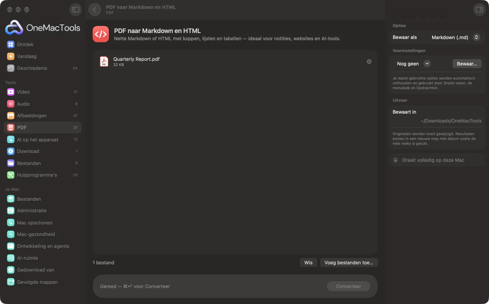 PDF naar Markdown en HTML in OneMacTools op een Mac, met voorbeeldbestanden en de opties