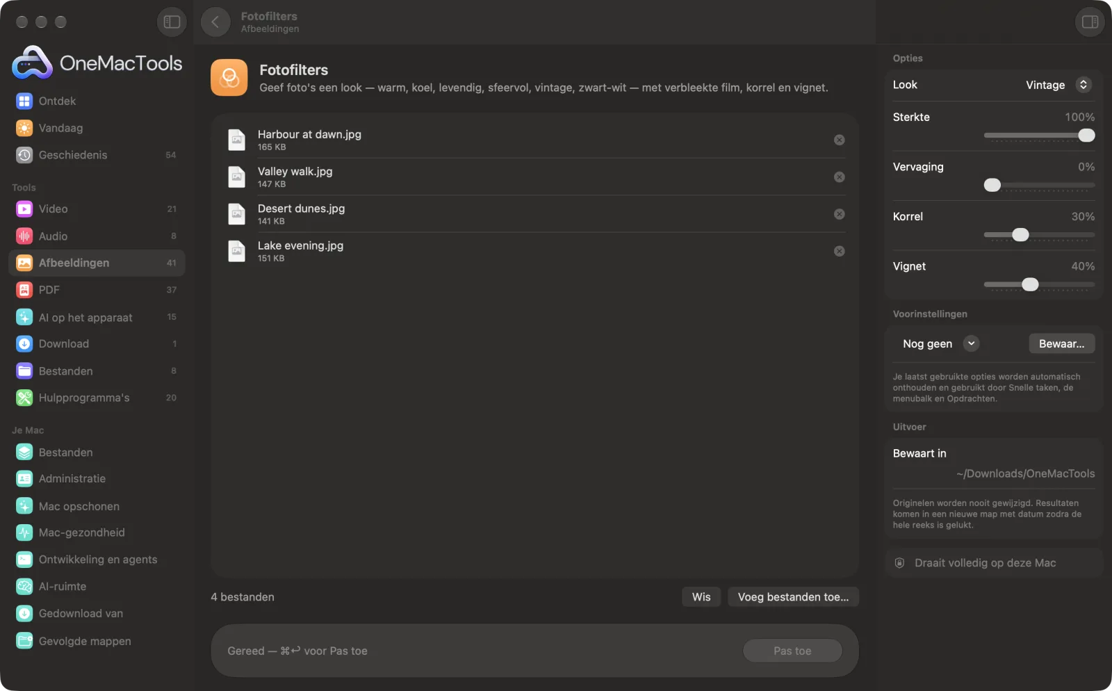 Fotofilters in OneMacTools op een Mac, met voorbeeldbestanden en de opties