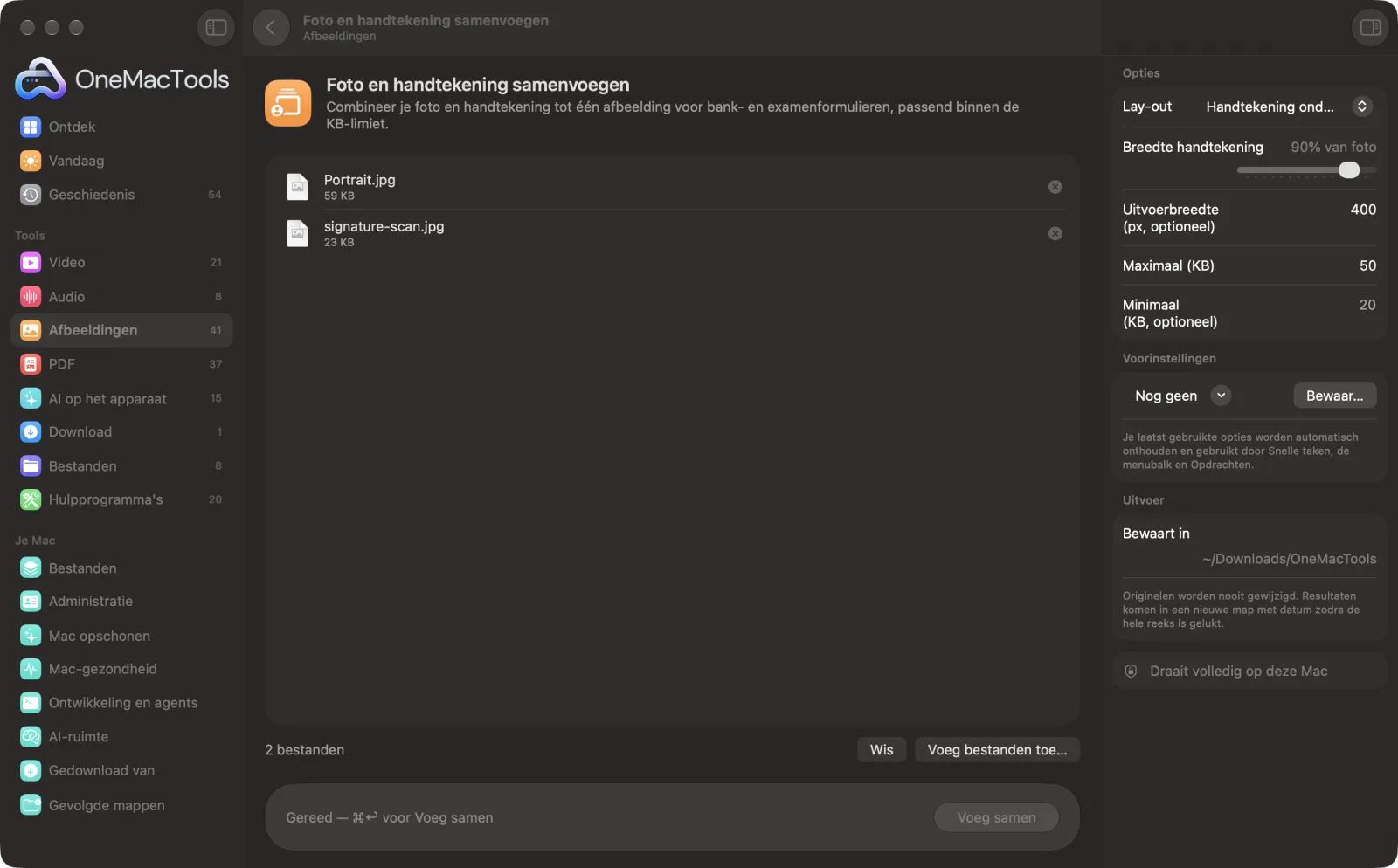 Foto en handtekening samenvoegen in OneMacTools op een Mac, met voorbeeldbestanden en de opties